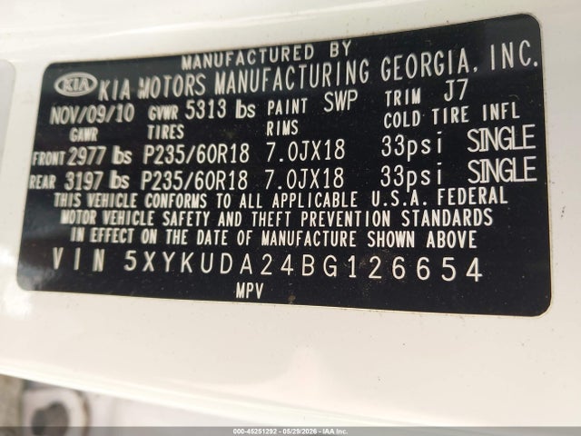 Продажа на аукционе авто 2011 Kia Sorento Ex V6, vin: 5XYKUDA24BG126654, номер лота: 45251292