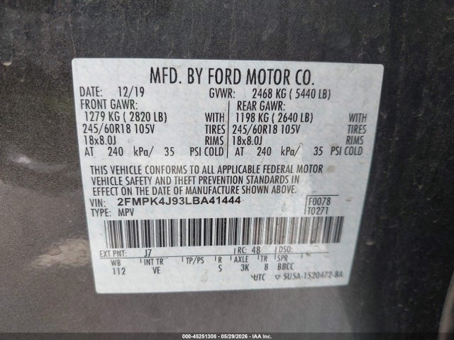 Продаж на аукціоні авто 2020 Ford Edge Sel, vin: 2FMPK4J93LBA41444, номер лоту: 45251308