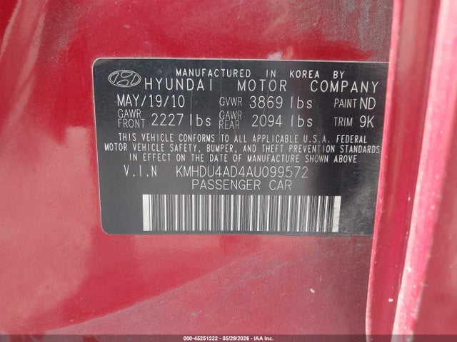 45251322 :رقم المزاد ، KMHDU4AD4AU099572 vin ، 2010 Hyundai Elantra Gls مزاد بيع
