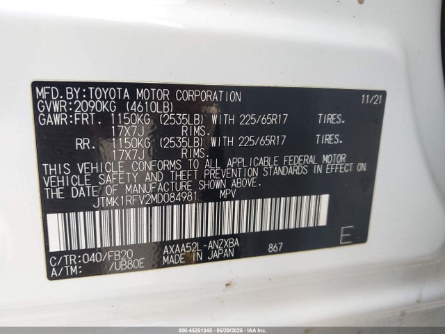 Auction sale of the 2021 Toyota Rav4 Le, vin: JTMK1RFV2MD084981, lot number: 45251345