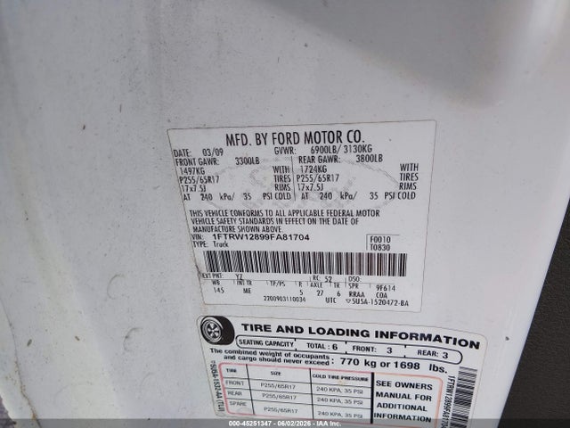 2009 Ford F-150 Xl/xlt მანქანა იყიდება აუქციონზე, vin: 1FTRW12899FA81704, აუქციონის ნომერი: 45251347