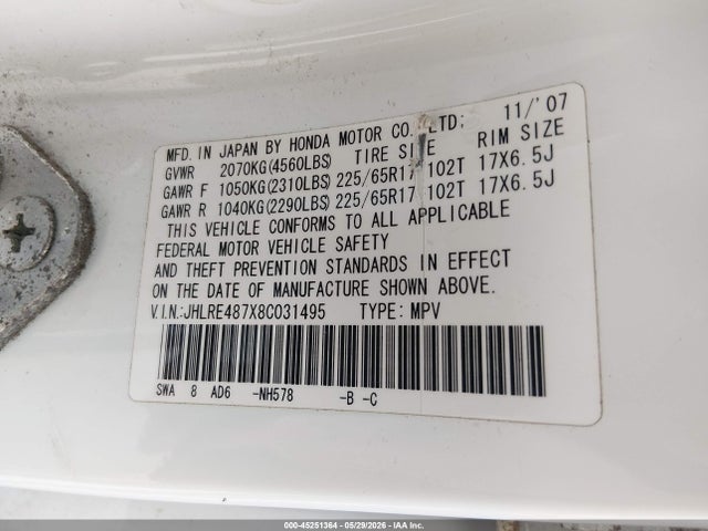 Aukcja sprzedaży 2008 Honda Cr-v Ex-l, vin: JHLRE487X8C031495, numer aukcji: 45251364
