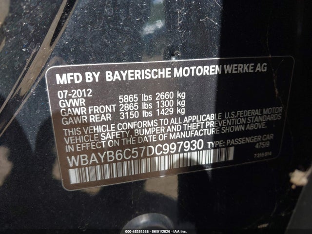 Aukcja sprzedaży 2013 Bmw 750i Xdrive, vin: WBAYB6C57DC997930, numer aukcji: 45251366