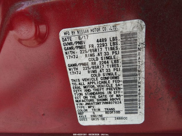 JN8AT2MT7HW407824 Nissan ROGUE SV