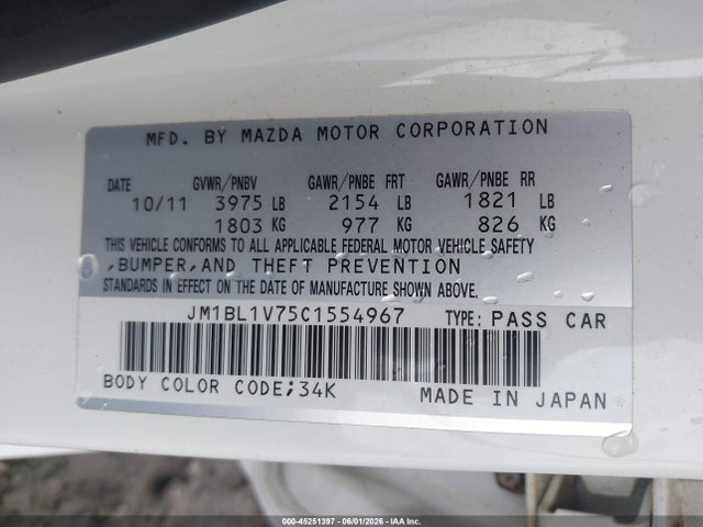 45251397 :رقم المزاد ، JM1BL1V75C1554967 vin ، 2012 Mazda Mazda3 I Touring مزاد بيع