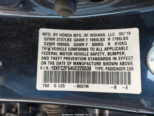 2016 Honda Civic Lx მანქანა იყიდება აუქციონზე, vin: 19XFC2F54GE225538, აუქციონის ნომერი: 45251403