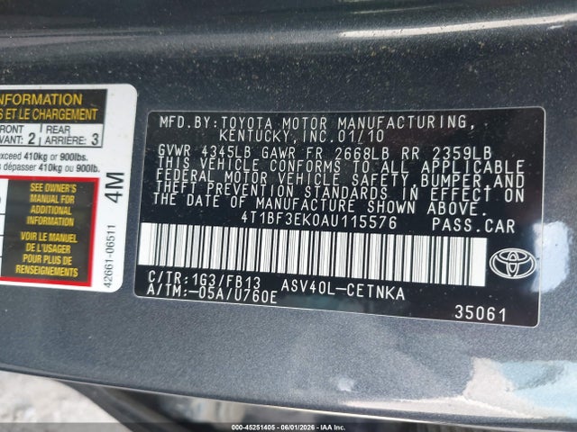45251405 :رقم المزاد ، 4T1BF3EK0AU115576 vin ، 2010 Toyota Camry Le مزاد بيع