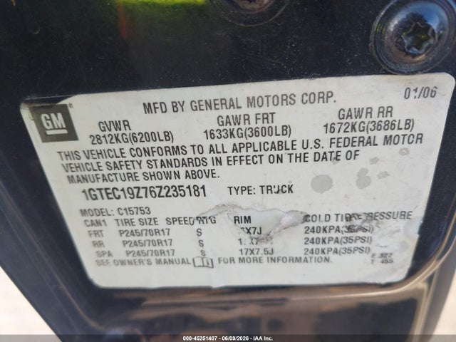 Aukcja sprzedaży 2006 Gmc Sierra 1500 Sle1, vin: 1GTEC19Z76Z235181, numer aukcji: 45251407