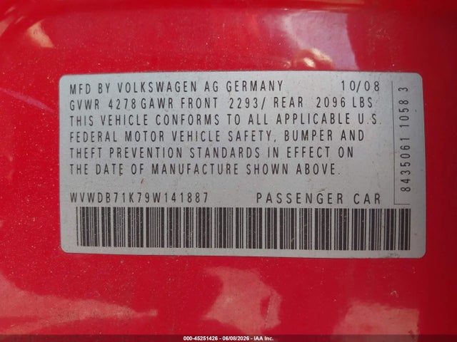 Aukcja sprzedaży 2009 Volkswagen Rabbit S, vin: WVWDB71K79W141887, numer aukcji: 45251426