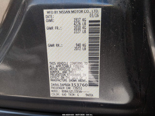 Aukcja sprzedaży 2016 Nissan Altima 2.5 S, vin: 1N4AL3AP6GN353760, numer aukcji: 45251430