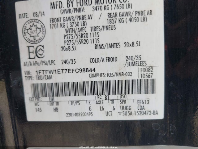 45251433 :رقم المزاد ، 1FTFW1ET7EFC98844 vin ، 2014 Ford F-150 Lariat مزاد بيع