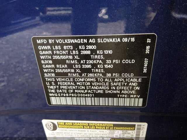 Aukcja sprzedaży 2016 Volkswagen Touareg Vr6 Sport, vin: WVGEF9BP8GD004931, numer aukcji: 45251454