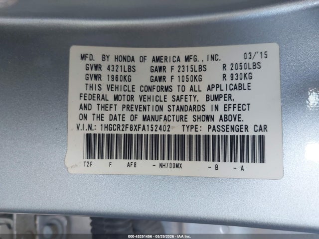 Aukcja sprzedaży 2015 Honda Accord Ex-l, vin: 1HGCR2F8XFA152402, numer aukcji: 45251456