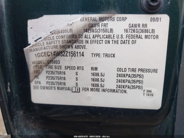 2002 Chevrolet Silverado 1500 Commercial მანქანა იყიდება აუქციონზე, vin: 1GCEC14W32Z156114, აუქციონის ნომერი: 45251478