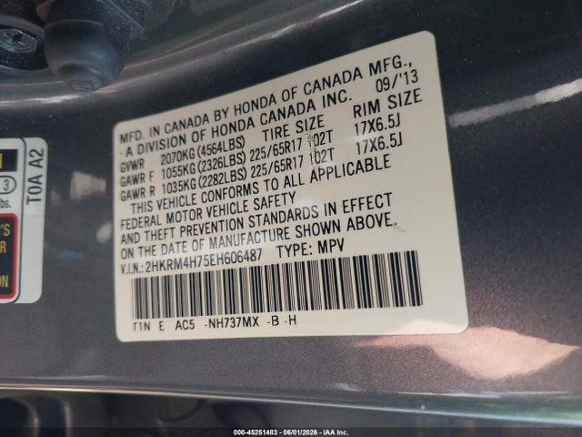 2014 Honda Cr-v Ex-l მანქანა იყიდება აუქციონზე, vin: 2HKRM4H75EH606487, აუქციონის ნომერი: 45251483