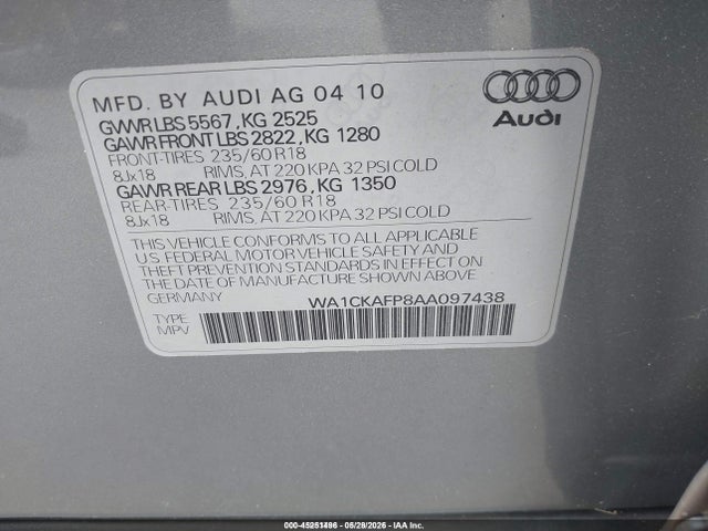 2010 Audi Q5 3.2 Premium მანქანა იყიდება აუქციონზე, vin: WA1CKAFP8AA097438, აუქციონის ნომერი: 45251496