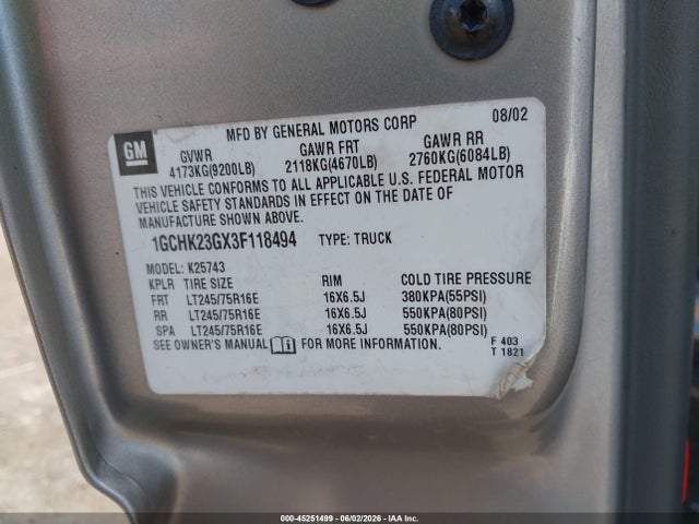 Aukcja sprzedaży 2003 Chevrolet Silverado 2500hd Ls, vin: 1GCHK23GX3F118494, numer aukcji: 45251499