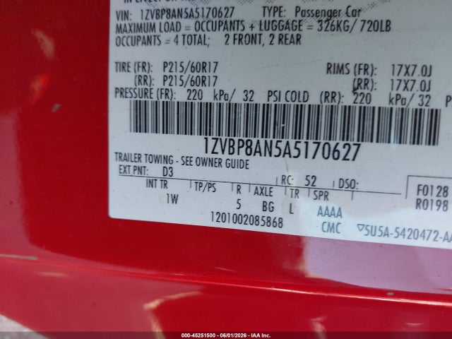 45251500 :رقم المزاد ، 1ZVBP8AN5A5170627 vin ، 2010 Ford Mustang V6/v6 Premium مزاد بيع