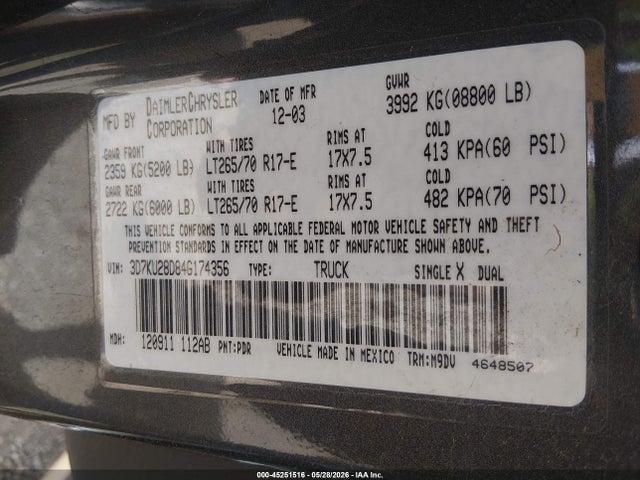 Aukcja sprzedaży 2004 Dodge Ram 2500 Slt/laramie, vin: 3D7KU28D84G174356, numer aukcji: 45251516