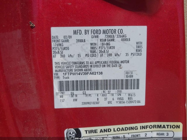 Aukcja sprzedaży 2009 Ford F-150 Lariat, vin: 1FTPW14V39FA62138, numer aukcji: 45251517