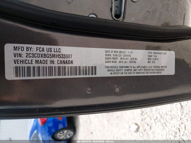 2021 Dodge Charger Sxt Rwd მანქანა იყიდება აუქციონზე, vin: 2C3CDXBG5MH533987, აუქციონის ნომერი: 45251519