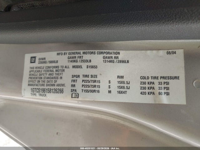 45251521 :رقم المزاد ، 1GTCS196158126266 vin ، 2005 Gmc Canyon Sle مزاد بيع