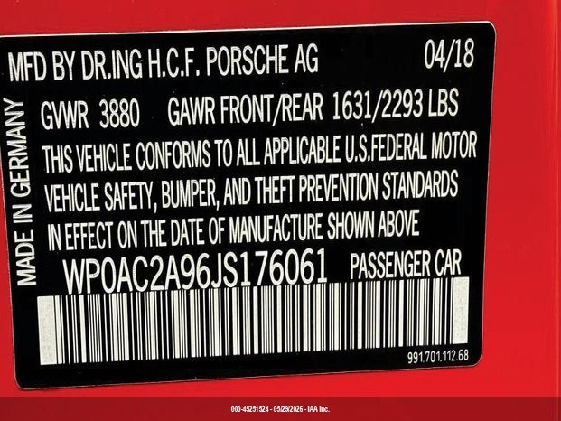 Aukcja sprzedaży 2018 Porsche 911 Gt3, vin: WP0AC2A96JS176061, numer aukcji: 45251524