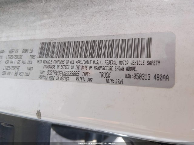 Продажа на аукционе авто 2019 Ram Promaster 2500 High Roof 159 Wb, vin: 3C6TRVDG4KE539665, номер лота: 45251606