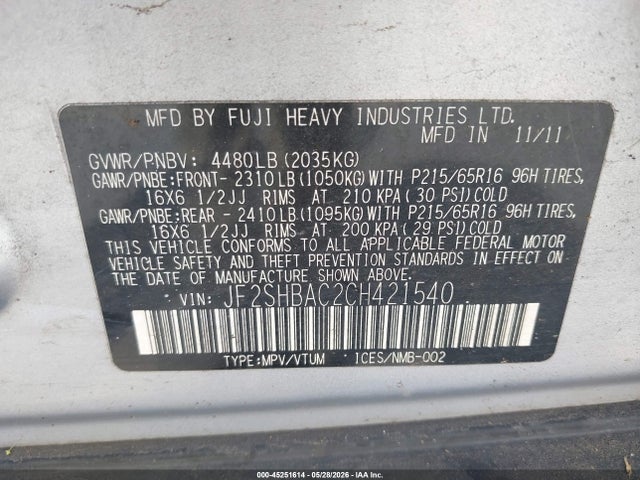 2012 Subaru Forester 2.5x მანქანა იყიდება აუქციონზე, vin: JF2SHBAC2CH421540, აუქციონის ნომერი: 45251614
