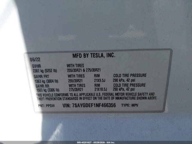 Aukcja sprzedaży 2022 Tesla Model Y Performance Dual Motor All-wheel Drive, vin: 7SAYGDEF1NF466356, numer aukcji: 45251627