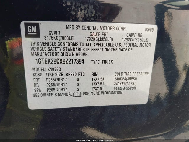 45251634 :رقم المزاد ، 1GTEK29CX9Z217394 vin ، 2009 Gmc Sierra 1500 Sle مزاد بيع