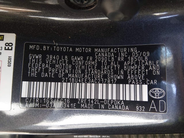 Aukcja sprzedaży 2010 Toyota Corolla Le, vin: 2T1BU4EE3AC217817, numer aukcji: 45251664