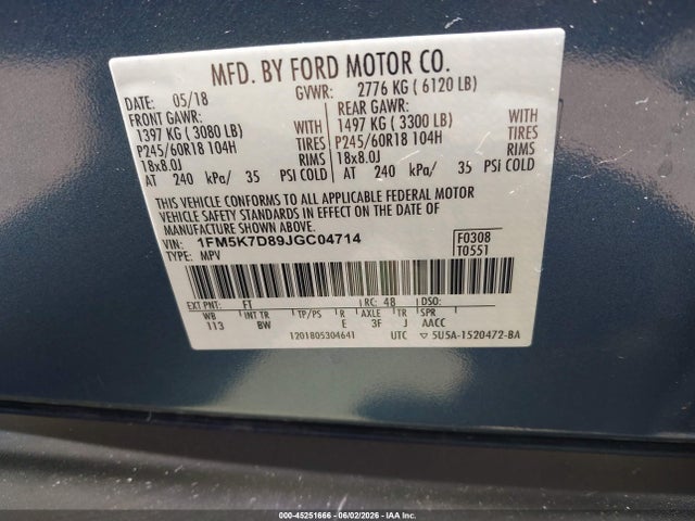 Aukcja sprzedaży 2018 Ford Explorer Xlt, vin: 1FM5K7D89JGC04714, numer aukcji: 45251666
