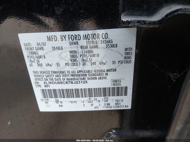 2007 Lincoln Mkx მანქანა იყიდება აუქციონზე, vin: 2LMDU68C87BJ23125, აუქციონის ნომერი: 45251684