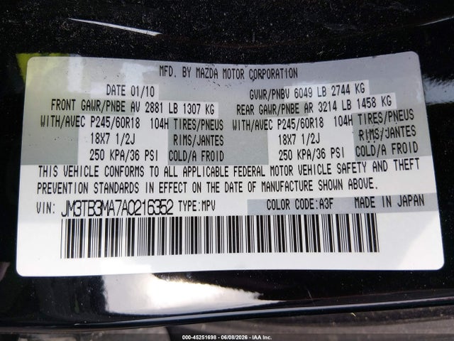 Aukcja sprzedaży 2010 Mazda Cx-9 Touring, vin: JM3TB3MA7A0216352, numer aukcji: 45251698