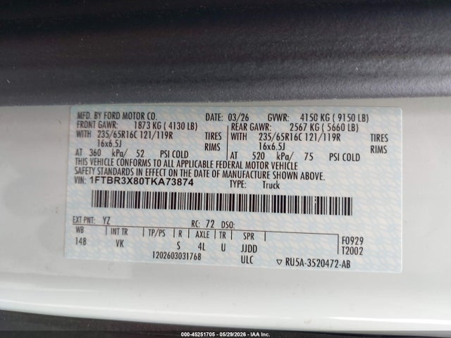 45251705 :رقم المزاد ، 1FTBR3X80TKA73874 vin ، 2026 Ford Transit-250 Cargo Van مزاد بيع