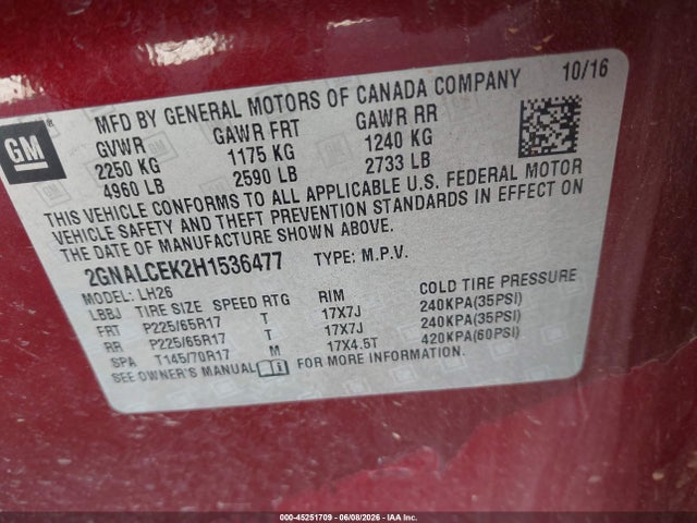 45251709 :رقم المزاد ، 2GNALCEK2H1536477 vin ، 2017 Chevrolet Equinox Lt مزاد بيع