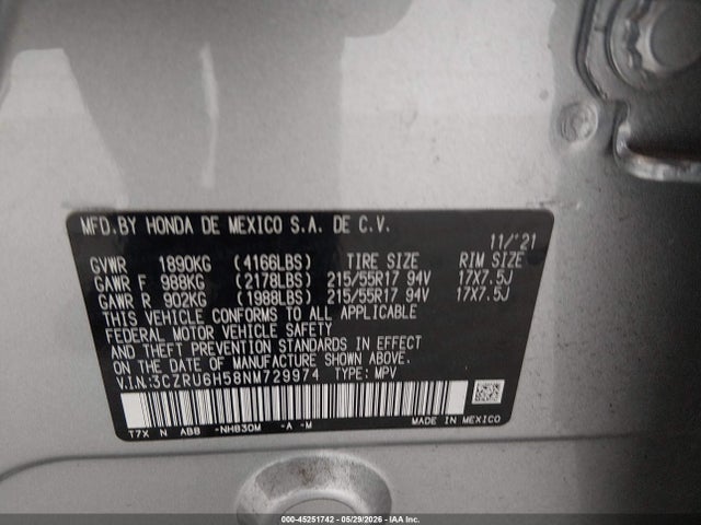 3CZRU6H58NM729974 Honda Hr-v Awd Ex