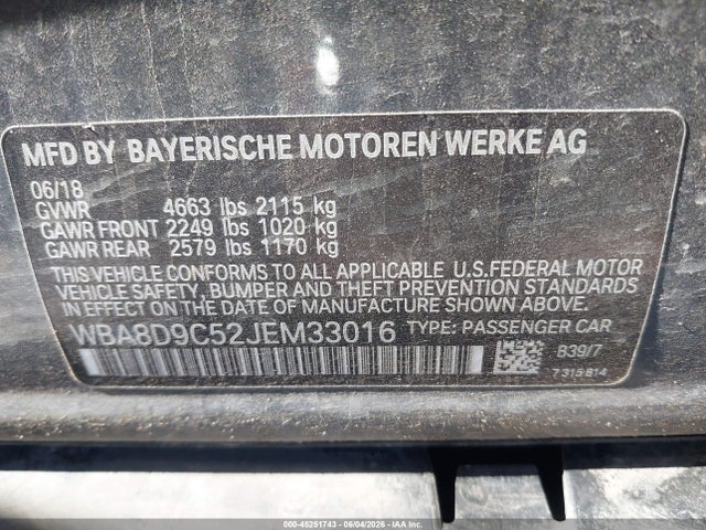 2018 Bmw 330i Xdrive მანქანა იყიდება აუქციონზე, vin: WBA8D9C52JEM33016, აუქციონის ნომერი: 45251743