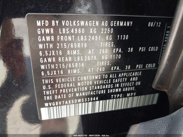 45251753 :رقم المزاد ، WVGBV7AX5DW533944 vin ، 2013 Volkswagen Tiguan S مزاد بيع
