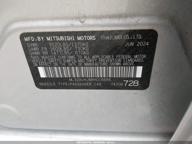 Продаж на аукціоні авто 2024 Mitsubishi Mirage Es/le, vin: ML32AUHJ6RH016666, номер лоту: 45251755