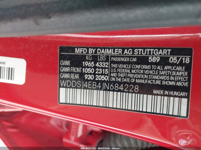 Aukcja sprzedaży 2018 Mercedes-benz Cla 250, vin: WDDSJ4EB4JN684228, numer aukcji: 45251770