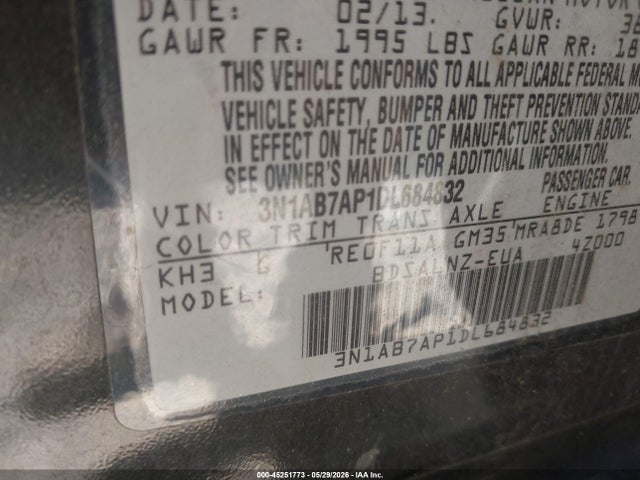 Aukcja sprzedaży 2013 Nissan Sentra Fe+ Sv, vin: 3N1AB7AP1DL684832, numer aukcji: 45251773