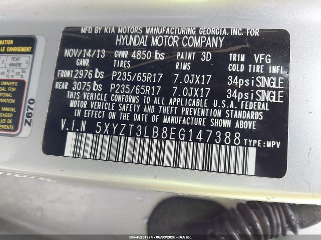 5XYZT3LB8EG147388 Hyundai Santa Fe Sport 2.4l