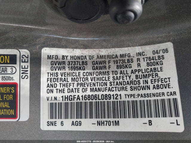 2006 Honda Civic Ex მანქანა იყიდება აუქციონზე, vin: 1HGFA16806L089121, აუქციონის ნომერი: 45251778