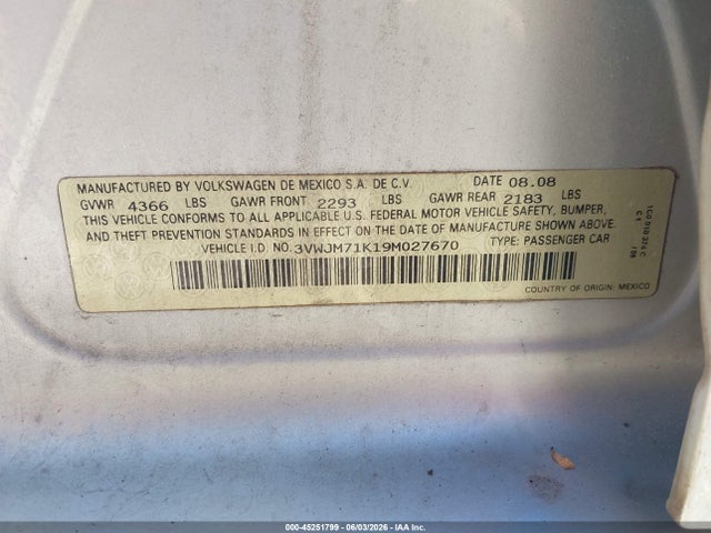 45251799 :رقم المزاد ، 3VWJM71K19M027670 vin ، 2009 Volkswagen Jetta S مزاد بيع