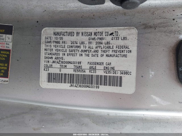 Aukcja sprzedaży 2006 Nissan 350z Enthusiast, vin: JN1AZ36D66M400199, numer aukcji: 45251804