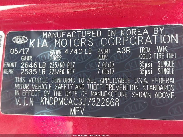 Aukcja sprzedaży 2018 Kia Sportage Lx, vin: KNDPMCAC3J7322668, numer aukcji: 45251826