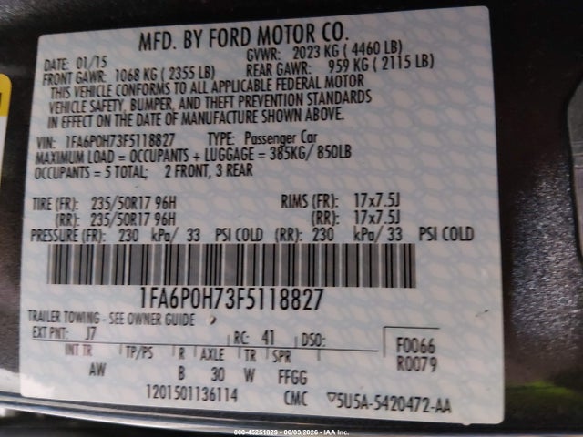 45251829 :رقم المزاد ، 1FA6P0H73F5118827 vin ، 2015 Ford Fusion Se مزاد بيع