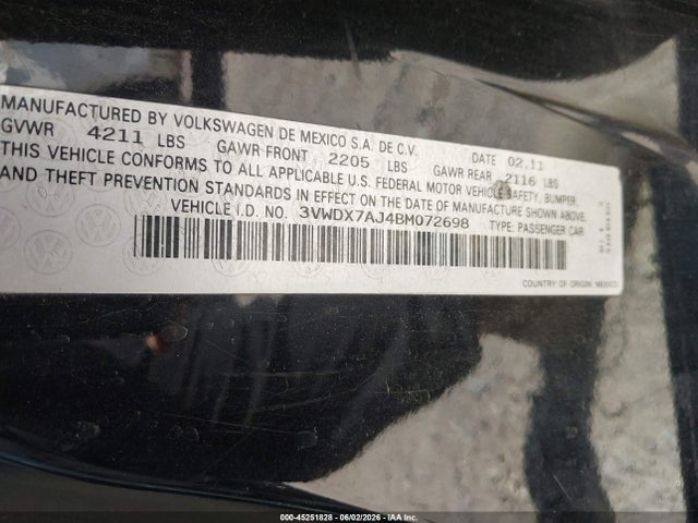 Aukcja sprzedaży 2011 Volkswagen Jetta 2.5l Se, vin: 3VWDX7AJ4BM072698, numer aukcji: 45251828